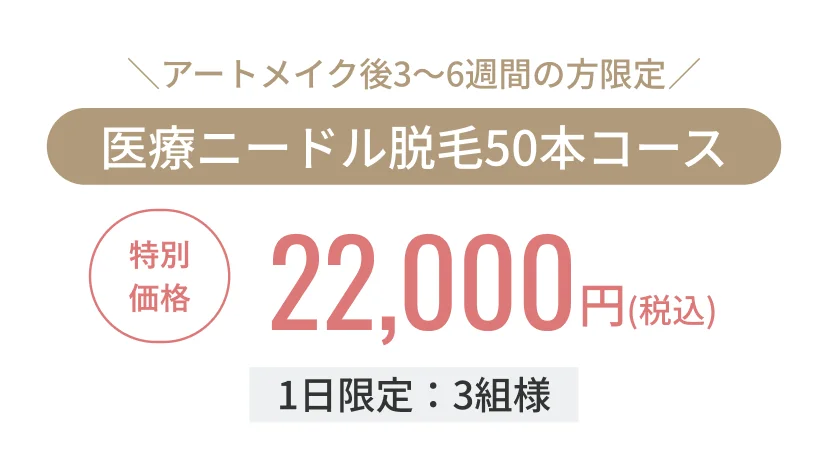 アートメイク後3〜6週間の方限定 医療ニードル脱毛50本コース 特別価格 22,000円(税込) 1日限定：3組様